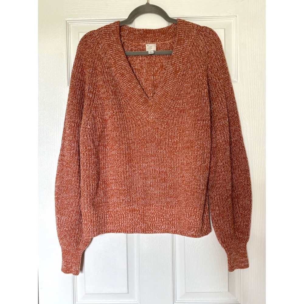 A New Day Womens V-Neck Sweater Burnt Orange Marled Knit Pullover Large